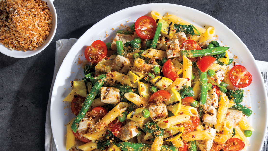 Grilled Chicken Primavera Penne with Spicy Parmesan Breadcrumbs