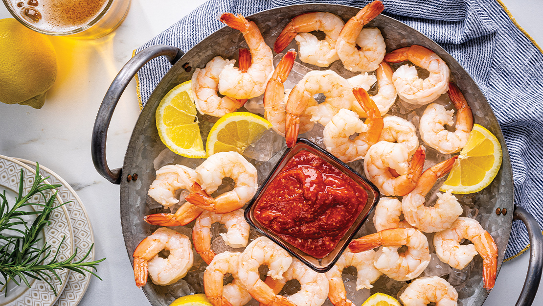 Rosemary Shandy-Poached Shrimp Cocktail