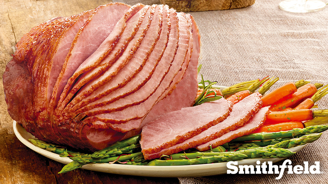 Smithfield Holiday Ham with Roasted Carrots, Asparagus and Mushrooms with Garlic and Thyme