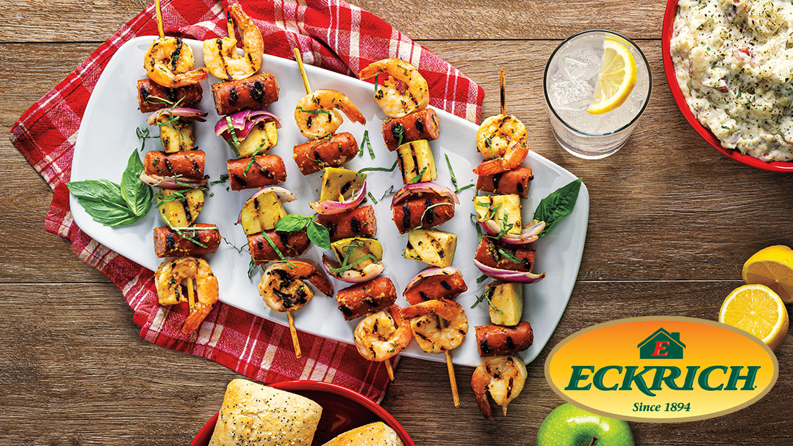 Apple-Mustard Shrimp & Sausage Skewers