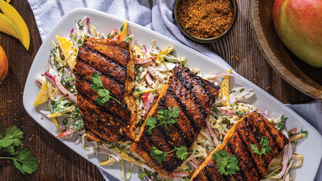 BBQ Grilled Salmon with Creamy Mango Slaw