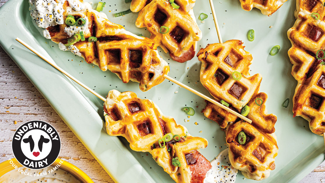 Cheddar-Onion Waffle Dogs with Everything Dip