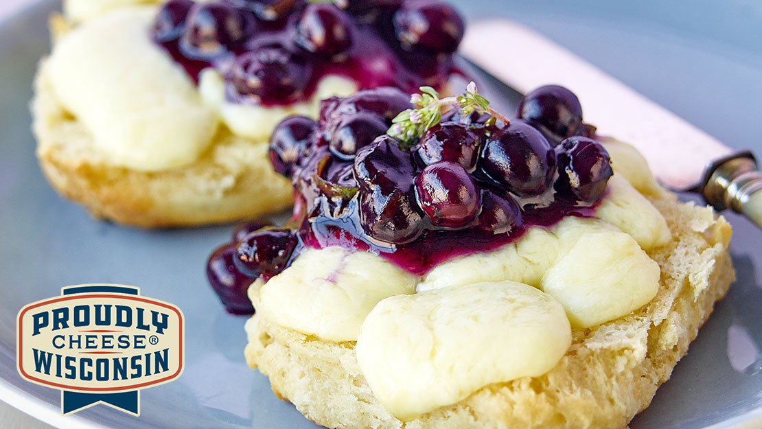 Cheese Curds and Biscuits with Blueberry Preserves