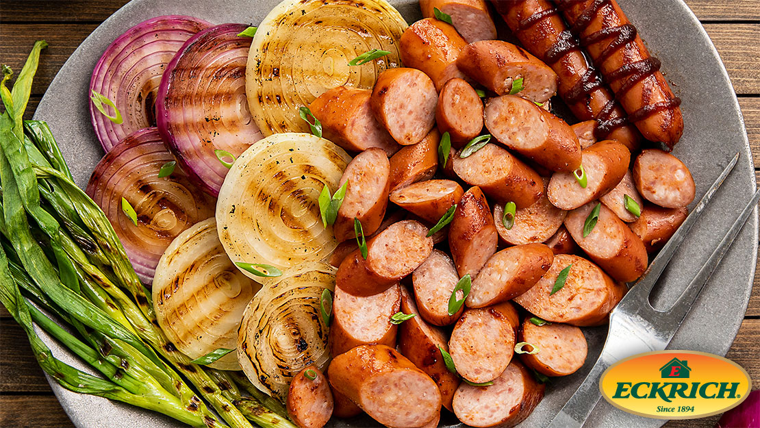 Sticky Glazed Grilled Sausage and Onion Rounds