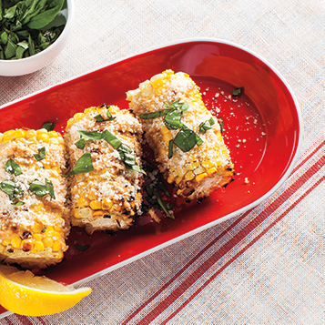 Grilled Corn with Parmesan Spread & Basil