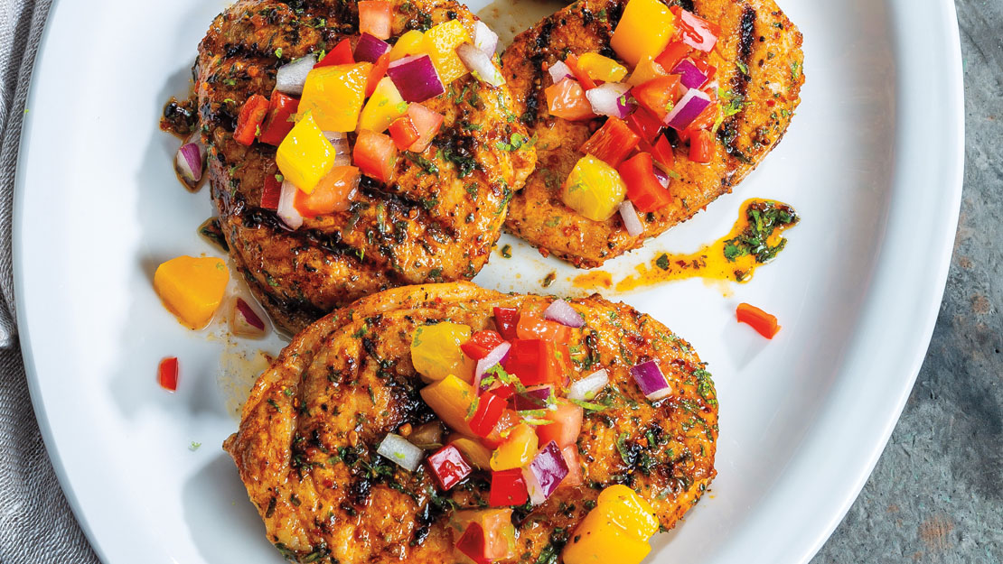 Grilled Blackened Pork Chops with Peach-Mango Salsa