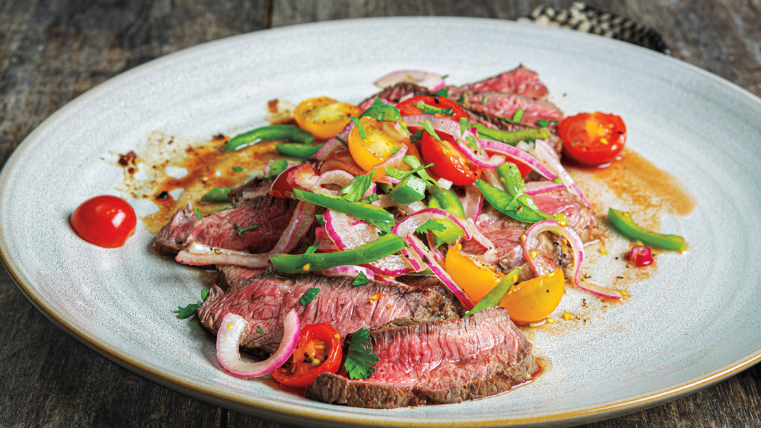 Grilled Sirloin Steaks with Hatch Chile-Tomato Escabeche