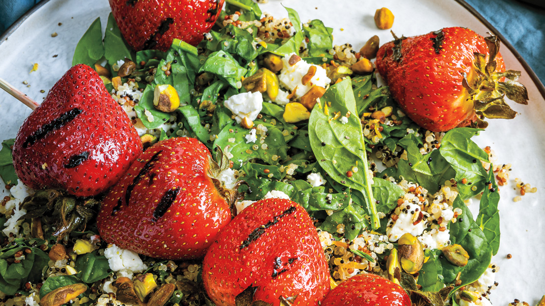 Grilled Strawberry Skewers with Pistachio-Quinoa Salad
