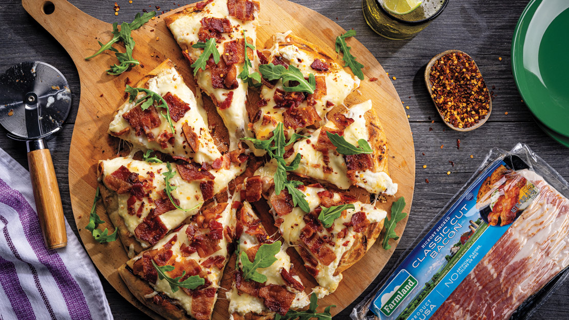 Grilled White Pizza with Bacon & Arugula