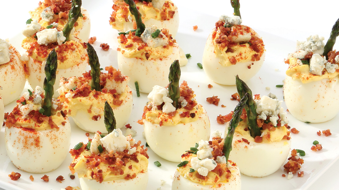Bacon Blue Deviled Eggs with Roasted Garlic & Asparagus