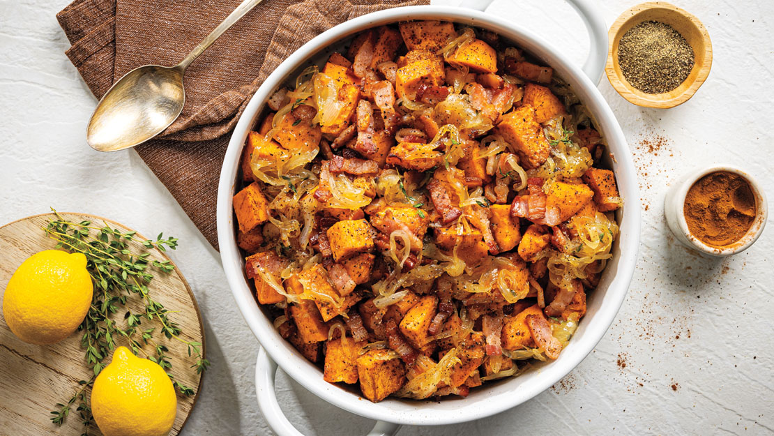 Roasted Maple Sweet Potatoes with Caramelized Onions & Bacon