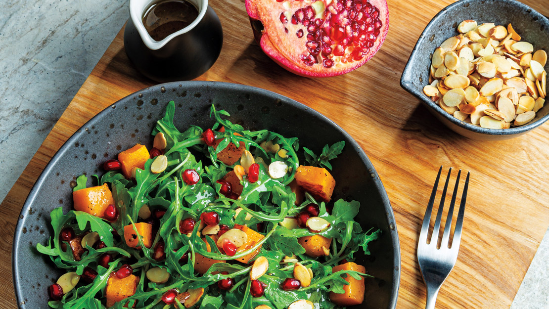 Roasted Squash, Pomegranate & Arugula Salad