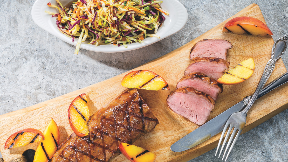 Asian Grilled Pork Tenderloin with Grilled Peaches and Slaw