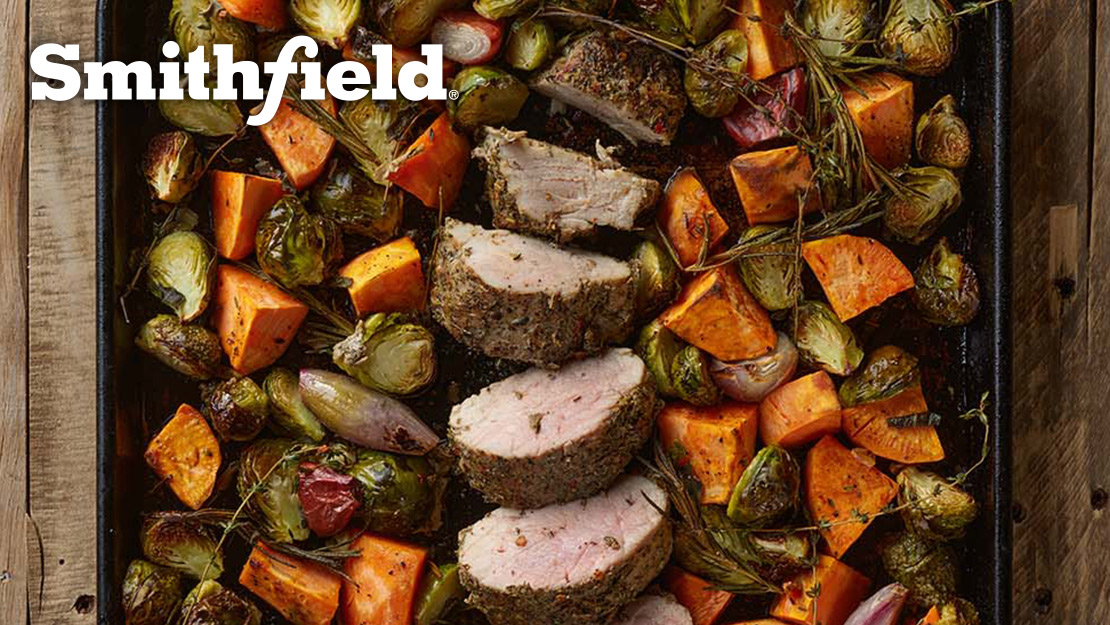 Sheet Pan Tenderloin With Fresh Herbs, Sweet Potatoes And Brussels Sprouts