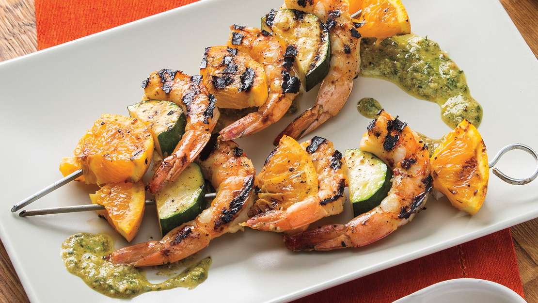 Shrimp, Orange, and Zucchini Kabobs with Rosemary Pesto Recipe from
