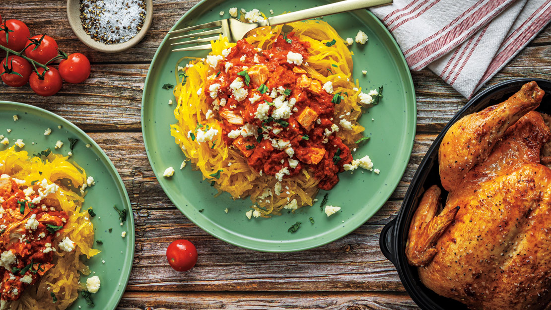 Spaghetti Squash with Rotisserie Chicken & Sun-Dried Tomato Sauce