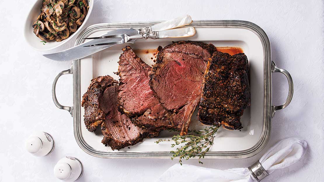 Standing Rib Roast with Au Jus & OvenSeared Mushrooms Recipe from