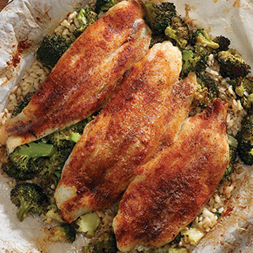 Swai, Rice, and Broccoli in Parchment Paper
