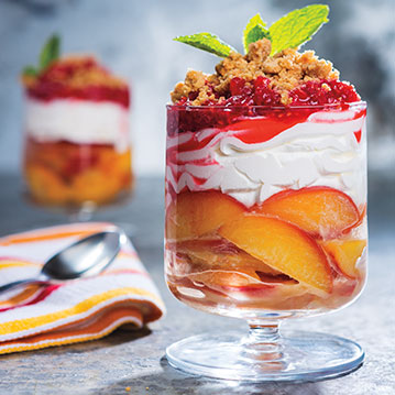 Brown Sugar Peach Parfait with Smashed Raspberries & Salted Graham Cracker Crumble